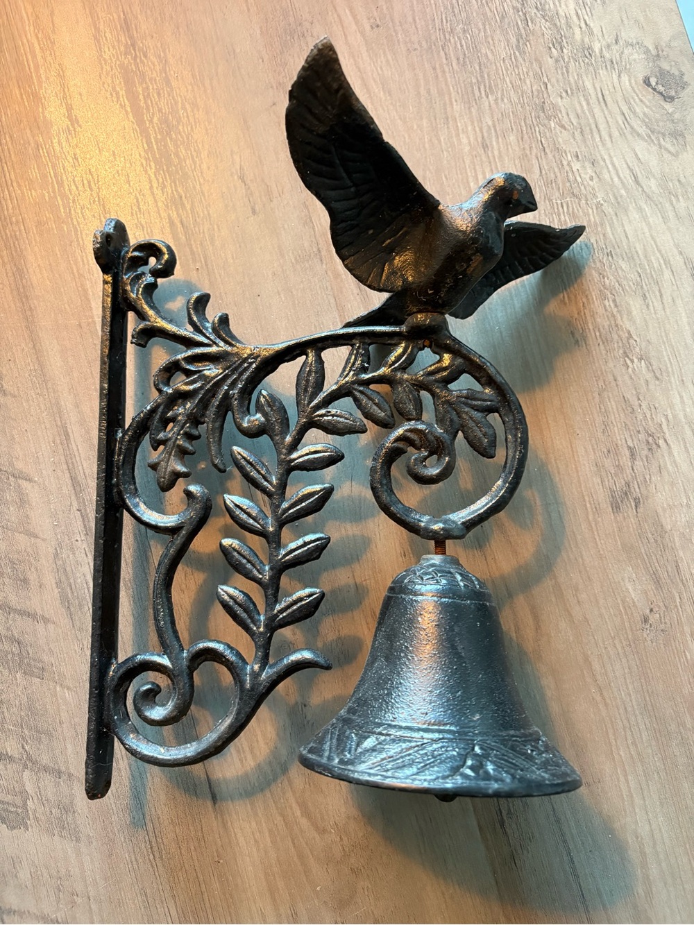 Decorative Black Cast Iron Wall Bell with Dove